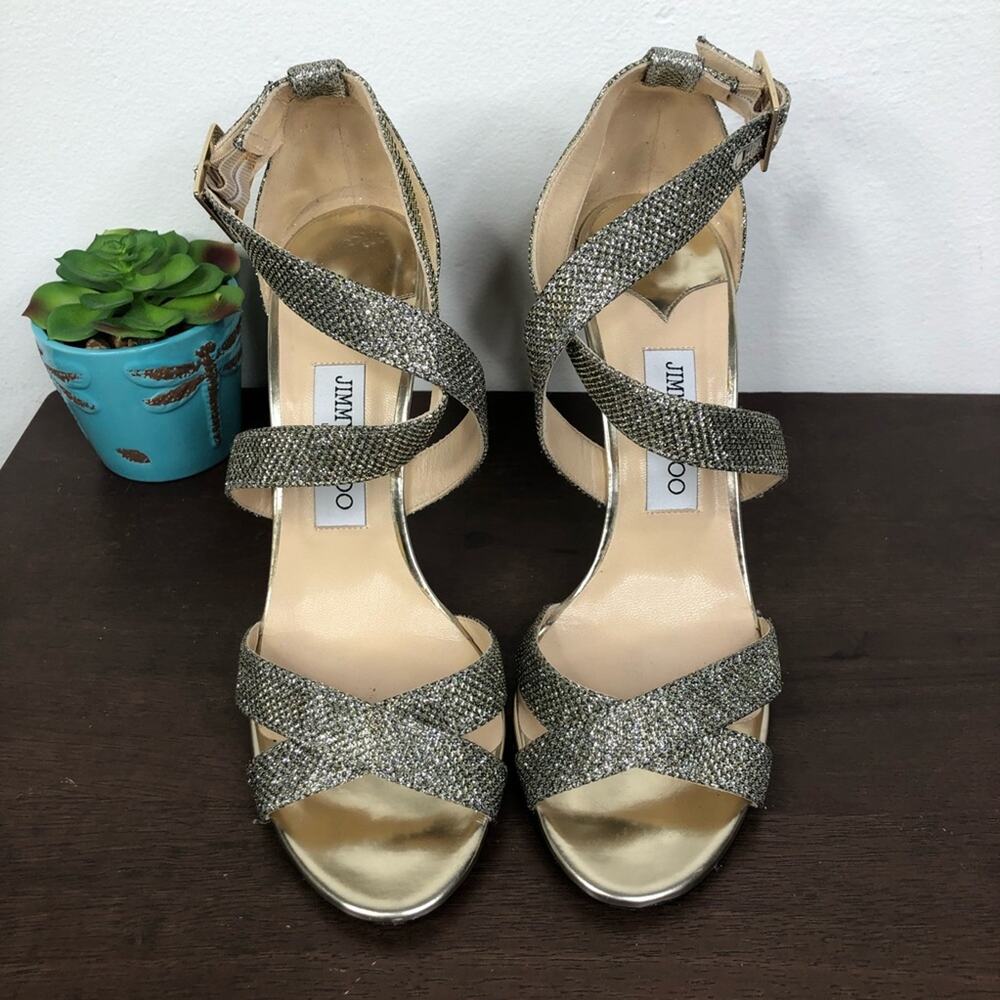 Jimmy Choo Lottie Lag Light Bronze Strappy Glitter Heels Women's Size EU40/US 10 - Picture 5 of 15